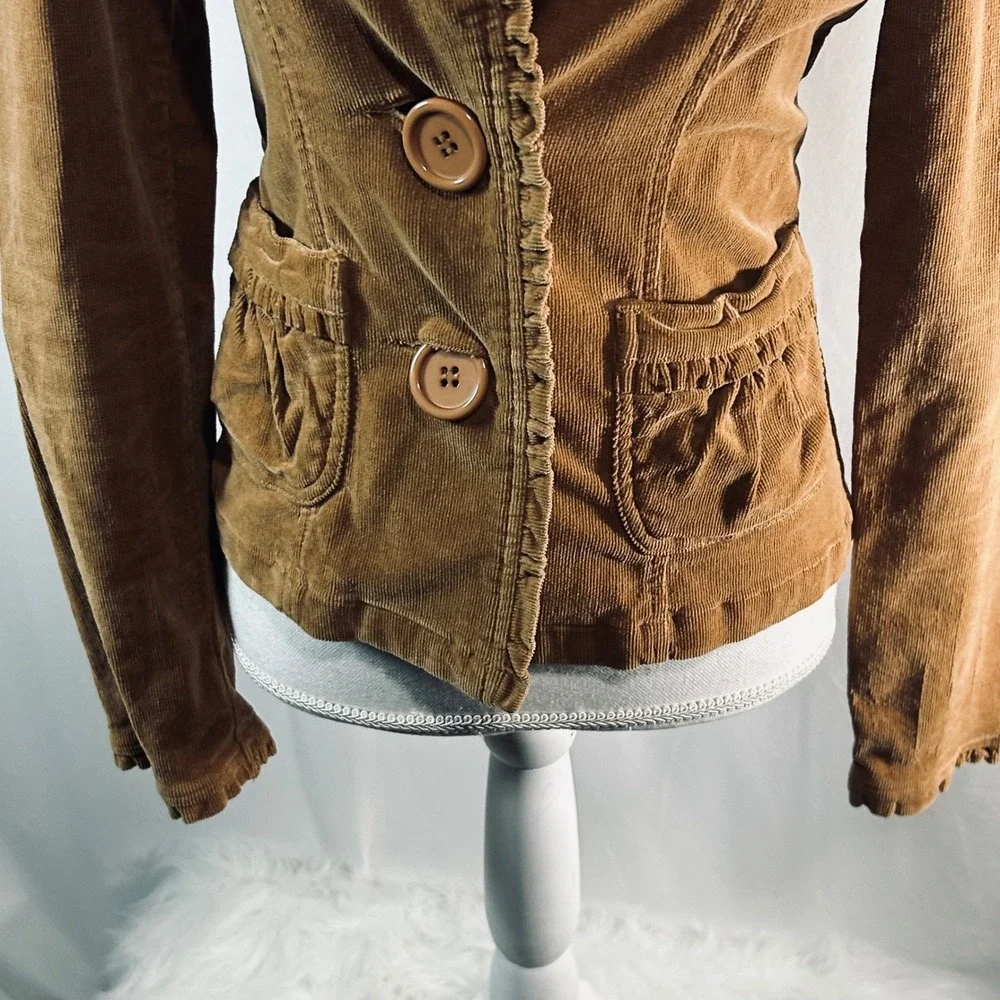BKE Outerwear Brown Corduroy Ruffle Trim Blazer Jacket Womens Medium RN 107829 - Picture 4 of 8
